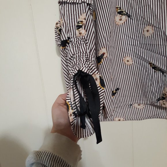 Nanette Lepore Medium striped bird summer spring Print Tie Bell Sleeve Blouse - Picture 7 of 10